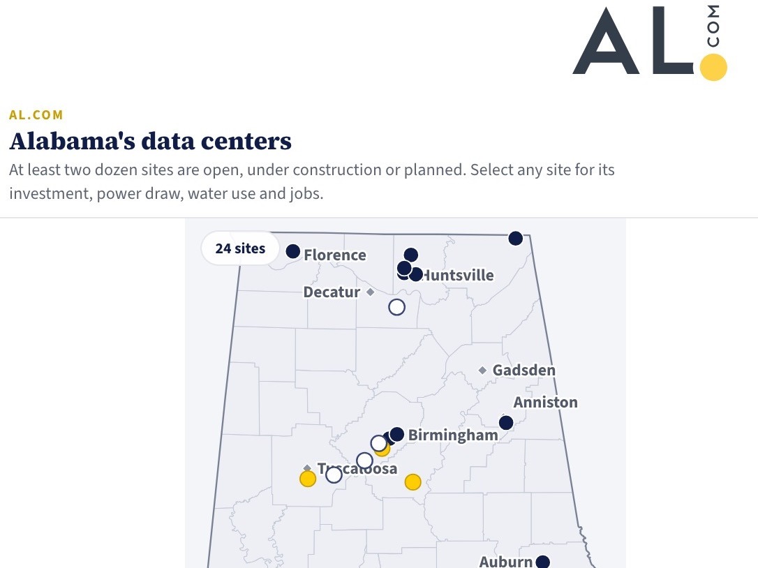 The top of AL.com's interactive map, headed 'Alabama's data centers: At least two dozen sites are open, under construction or planned. Select any site for its investment, power draw, water use and jobs.' Below, the upper portion of a state map labeled '24 sites,' with navy, white, and gold markers clustered near Florence, Decatur, Huntsville, Anniston, Birmingham, Tuscaloosa, and Auburn.