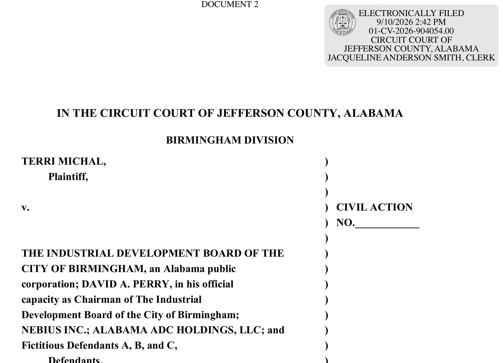 Top portion of the first page of the complaint filed by Terri Michal against The Industrial Development Board of the City of Birmingham, David A. Perry, Nebius Inc., and Alabama ADC Holdings, LLC in the Circuit Court of Jefferson County, Alabama.